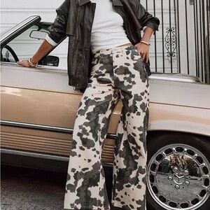 12th Tribe Wide Leg Cow Print Jeans in Black and Olive SMALL